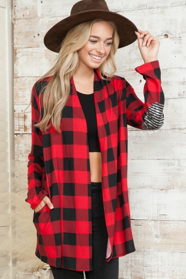 Buffalo plaid cardigan with elbow clearance patches